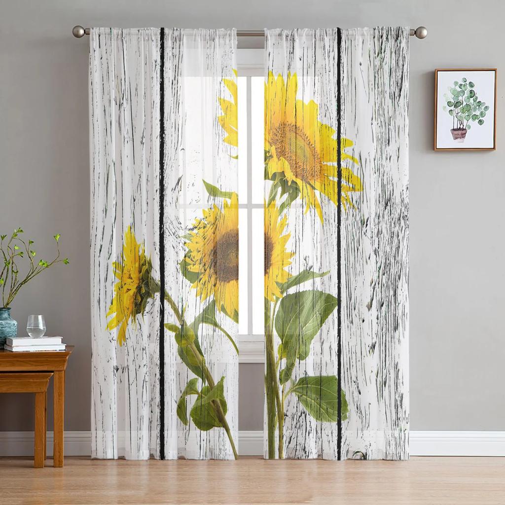 Sunflower Plant Butterfly Bouquet Leaves Flower Chiffon Sheer Drapes Living Room Bedroom Decor Window S Curtain