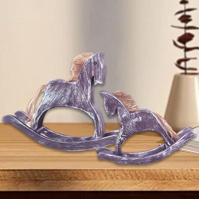 2 Pezzi Statuette di Cavalli di Legno Sculture a Dondolo Regalo Ideale Ornamenti Animali Intagliati in Legno per