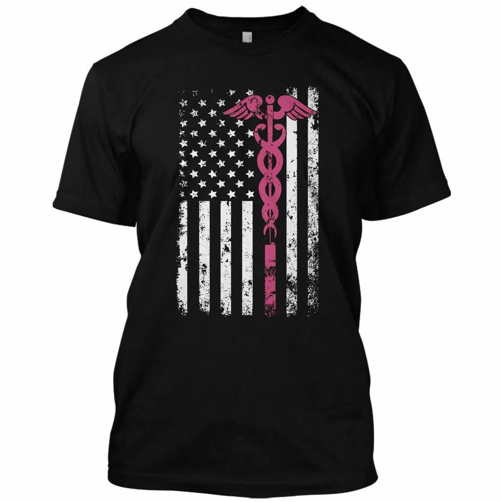 American Flag Caduceus Medical Staff Symbol Nurse Paramedics Gift T-Shirt 100% Cotton O-Neck Sh