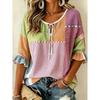 Women's Colorful Patchwork Striped Print Tie Neck Blouse, Casual Loose Tops for Spring Summer Daily Wear & Vacation Occasions