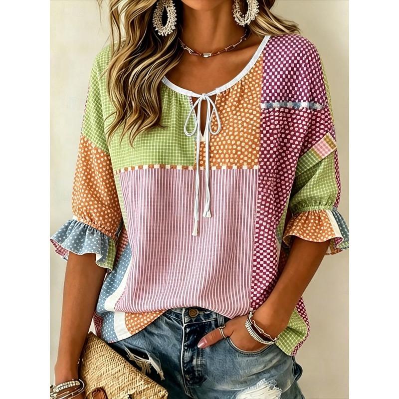 Women's Colorful Patchwork Striped Print Tie Neck Blouse, Casual Loose Tops for Spring Summer Daily Wear & Vacation Occasions