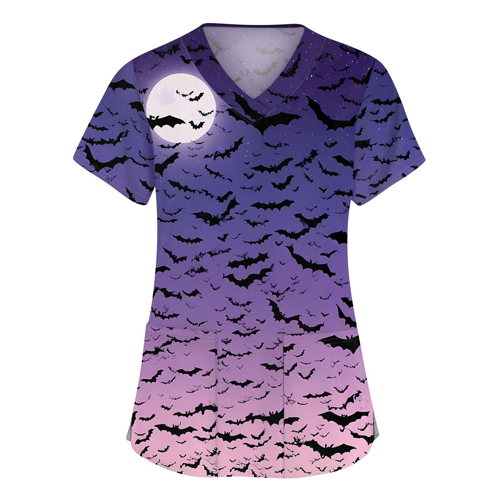 

Женская мода V-образным вырезом с короткими рукавами и карманами Топы с принтом на Хэллоуин XXXL фиолетовый