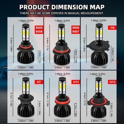 9005/HB3 9006/HB4 H7 H11 High Low Beam Light H13 H4 9004 9007 LED 30000LM 4 Sides COB Chips With Fan Pack OF 2