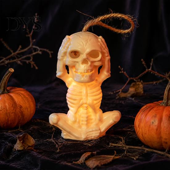 Flameless Candle Figurine Halloween Skeleton Decoration with LED Light, Spooky Lighted Plastic Skull Safe Electronic Ornament Rope for Haunted