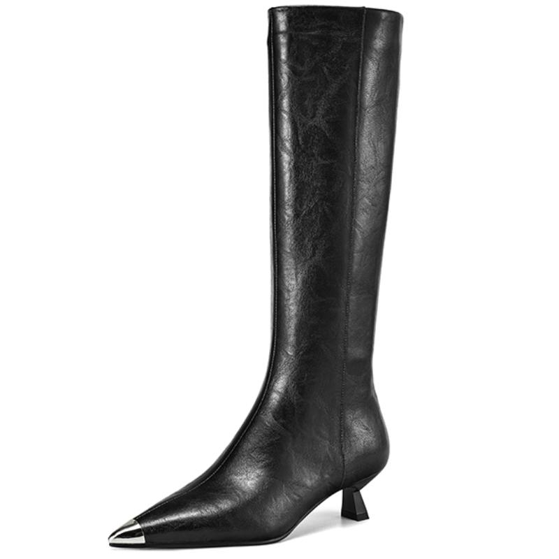 Fashion INS Brand Women's Knee High Boots Leather Sexy Point Toe 2024 Winter Shoes Black Low Heeled Long Chelsea Boot Ladies Large Size