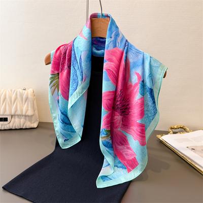 New Floral Print Square Silk Scarf For Women Headscarves Summer Foulard Bandana Hijab Headscarf Neck Tie Soft Neckerchief