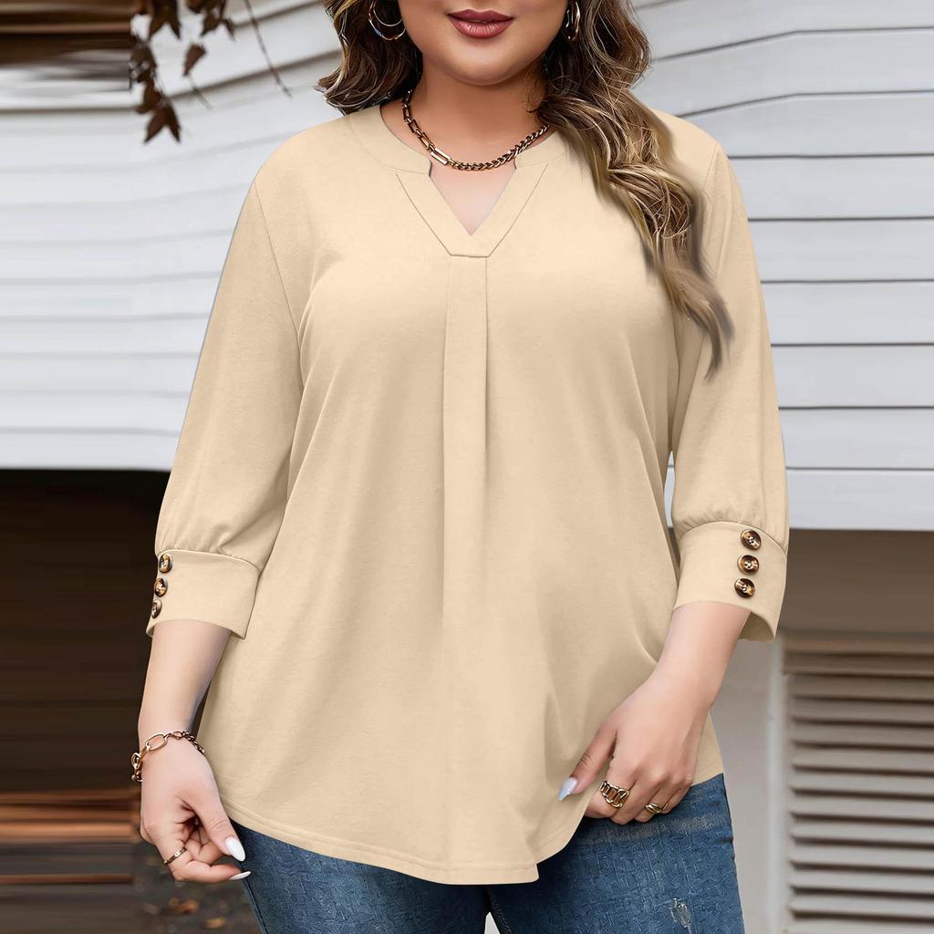 Women's Fashionable Casual Plus-Size V-Neck Button-Down Short-Sleeve Top