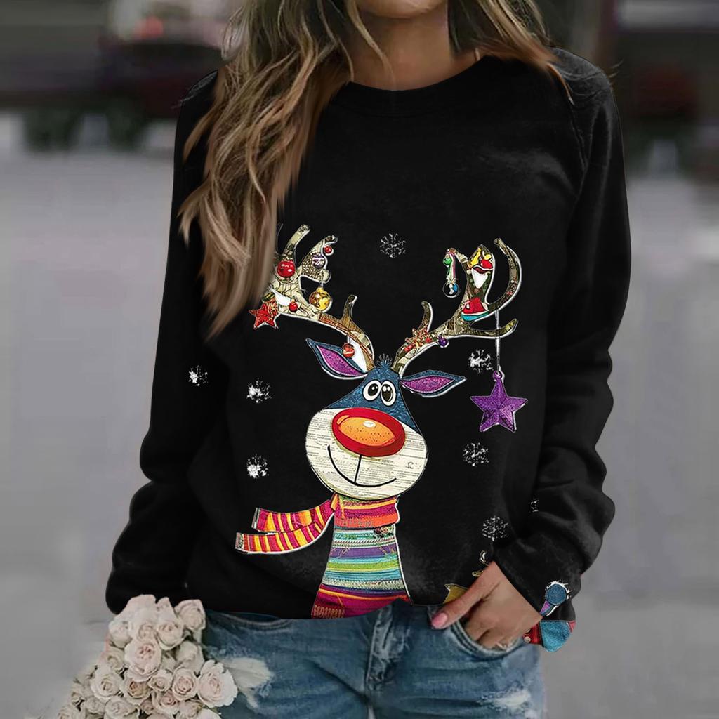 Blusa de algodón con cuello redondo para mujer, informal, con estampado de moda, manga larga, cuello redondo