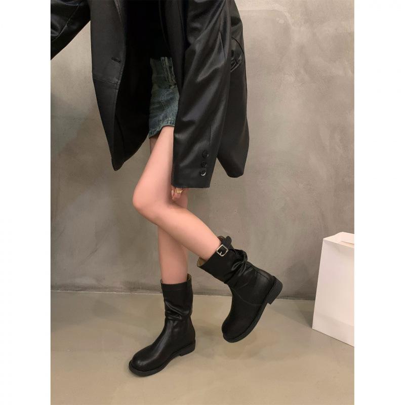 Retro medium laarzen met dikke hak, ridderlaarzen, damesschoenen 2025 nieuw herfst en winter opgestapelde kleine korte laarzen, Martin laarzen