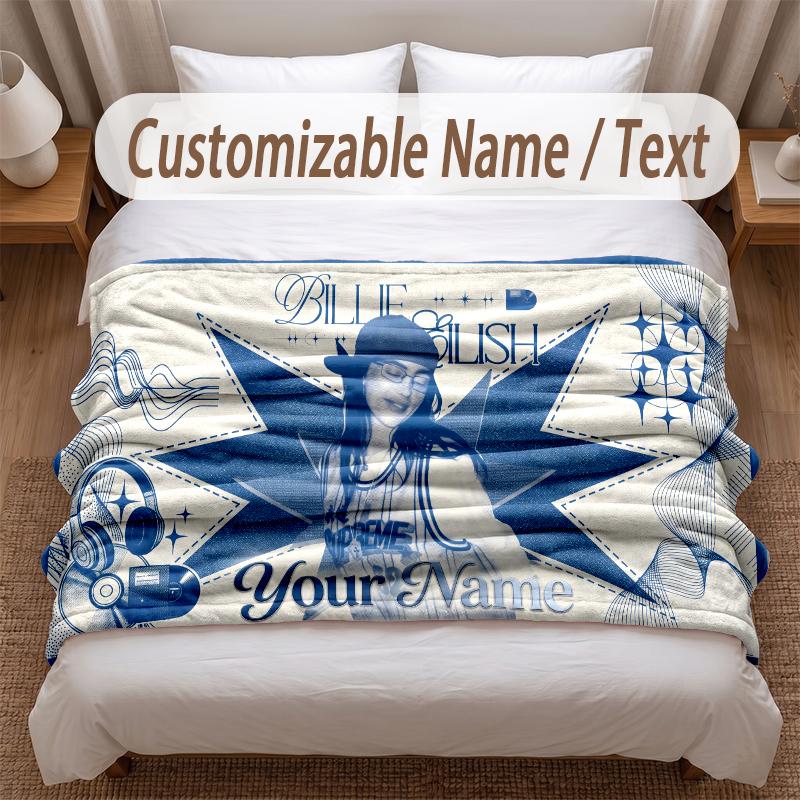 Billie Eilish Printed Flannel Blanket Custom Name Text Soft Warm Throw For Bedroom Holiday Gift