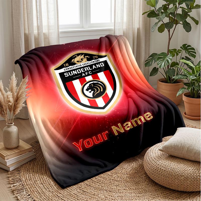Sunderland FC Custom Name Text Flannel Blanket Soccer Logo Personalized Fleece Throw Blanket Special Gift For Sofa Bedroom Home