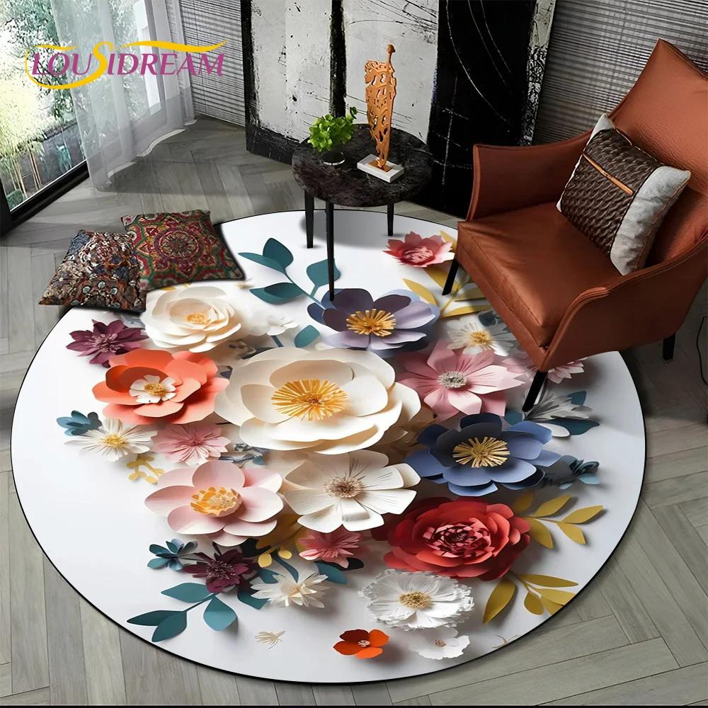 Dream Flower Art Daisy Rose Sunflower Cartoon Round Carpet Rug for Living Room Bedroom Kid Decor,Pet Area Rug Non-slip Floor Mat