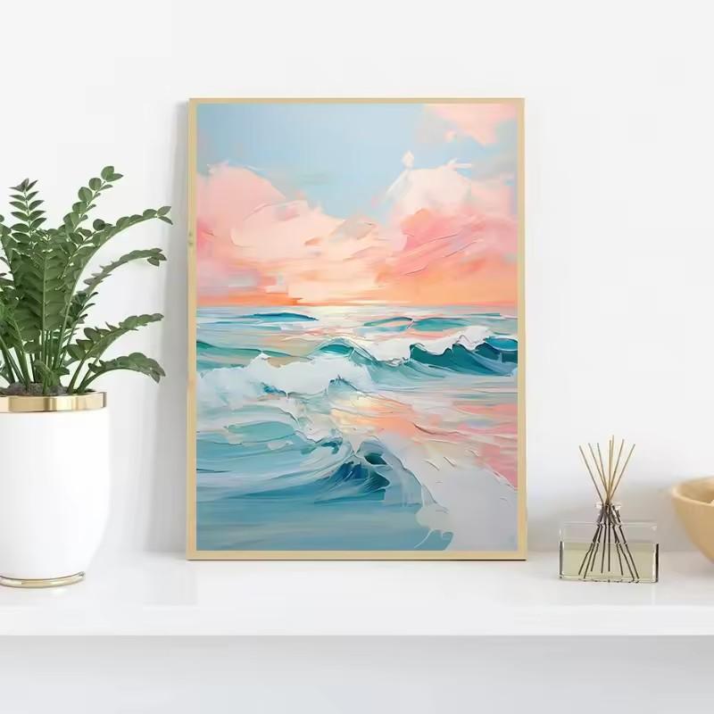 Pink Watercolor Ocean Waves Seascape Poster Oyster Shell Beach Umbrella Surfing Canvas Printing Wall Art Picture Home Decor
