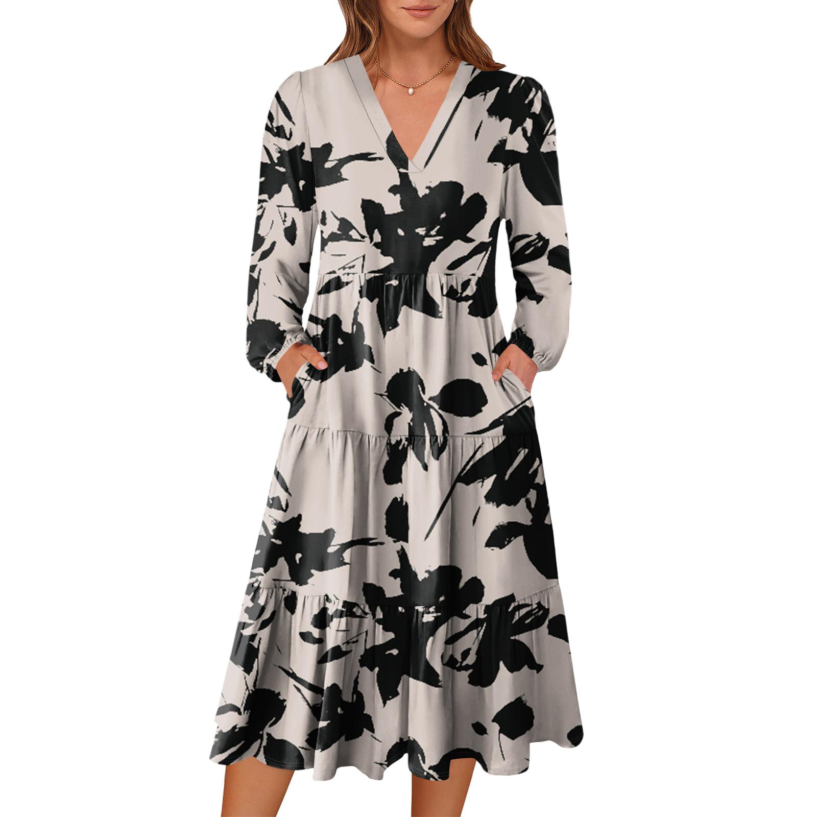 Women s V-neck Flowy Bohemian Long Sleeve Floral Print Dress S