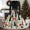 Women's Casual Vintage V-Neck Long Sleeve Dress with Christmas Print