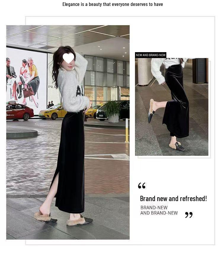 Black Gold Velvet High-Waist Midi Skirt with Slit - Retro Slimming Pencil Style for Autumn/Winter 2025
