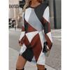Autumn Winter Dresses Women Casual Color Block Long Sleeve Loose Dress Fashion Casual Geometric Print Dress Plus Size