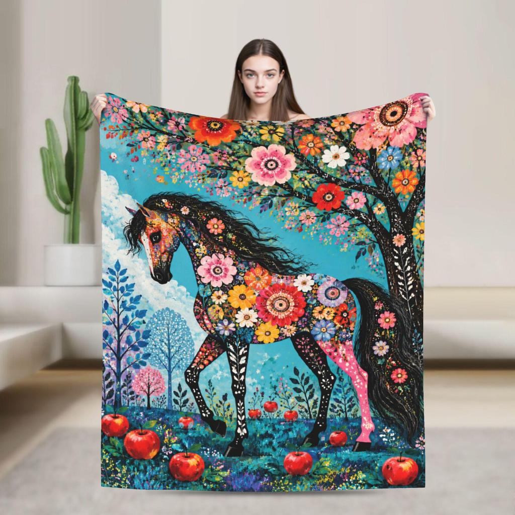 Floral Horse Throw Blanket, Botanical Stallion Art, Soft Flannel, Horse Lover Gift