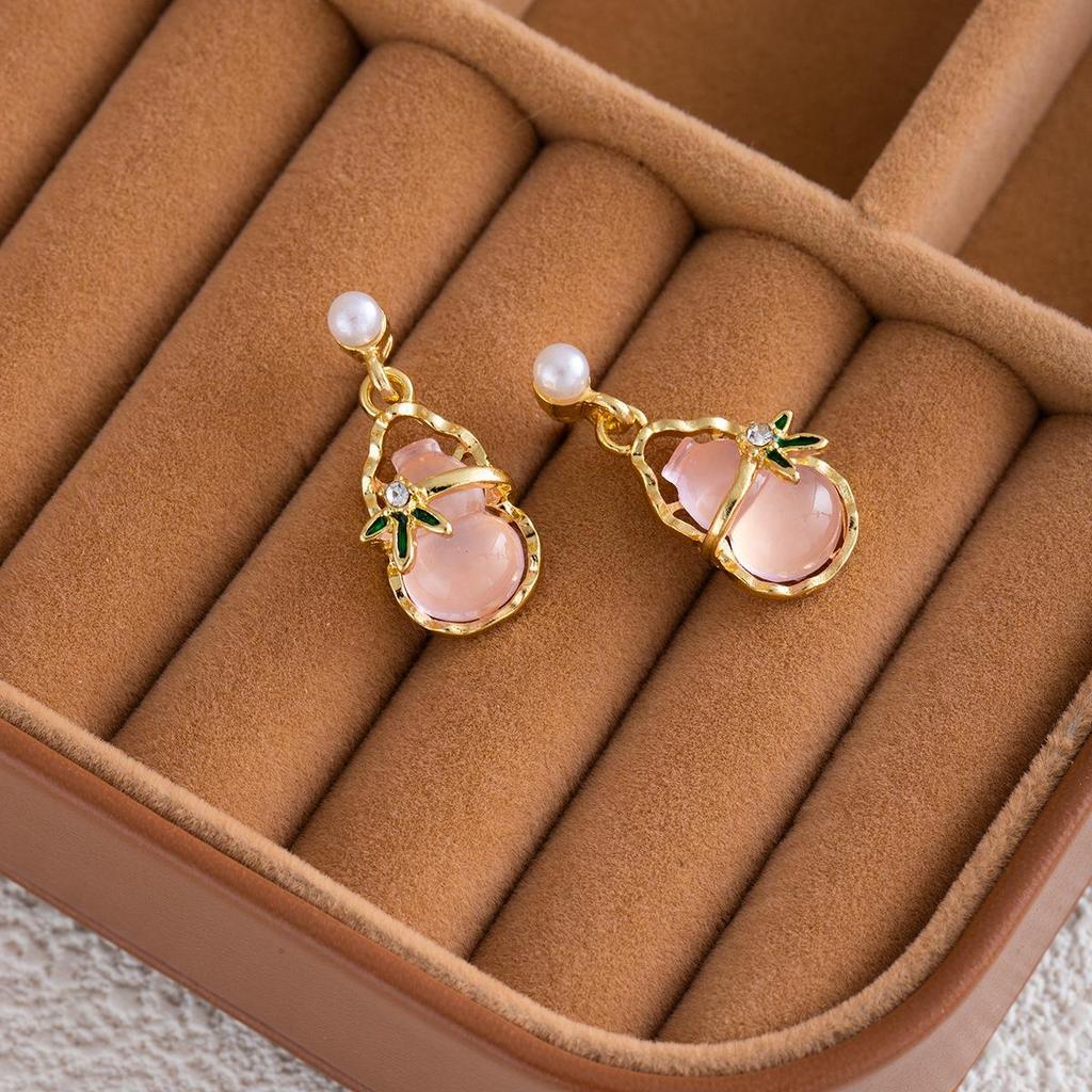 Silver Needle Chinese Gourd Pearl Earrings - Elegant, Fairy-Inspired Design for Women