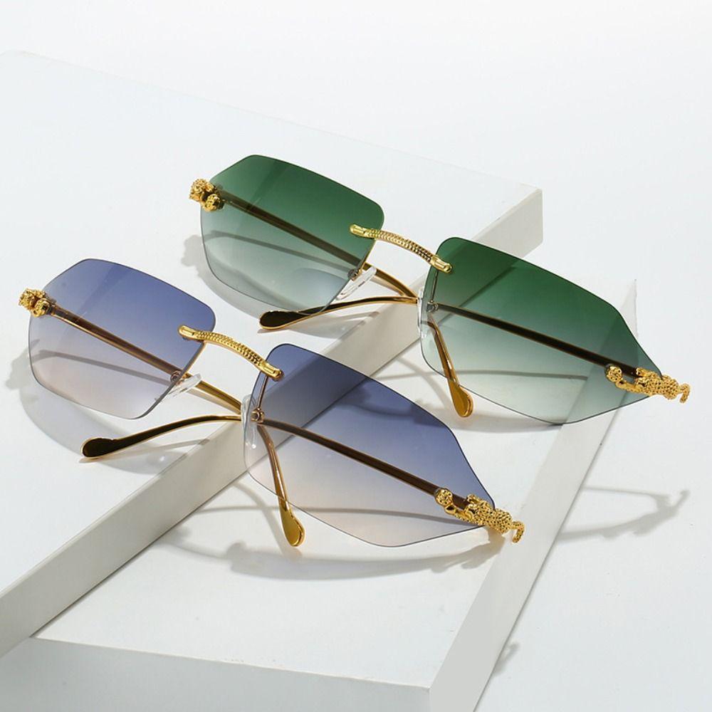 Fashionable Clear Rimless Rectangle Sunglasses Cheetah Decoration Shades Ocean Lens Sun Glasses Eyewear Uv400 Outdoor Sunglasses
