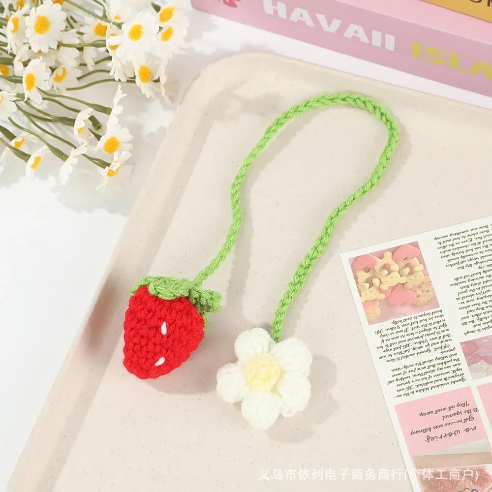 Knitted Car Rearview Mirror Hanging Ornament Car Interior Decoration Strawberry Pendant Daisy Lanyard Bag Pendant