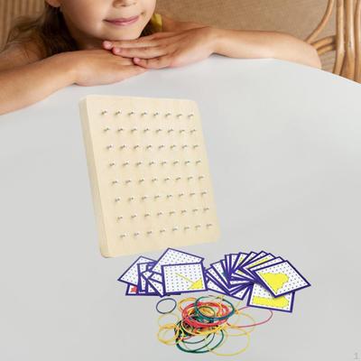 Montessori Wooden Geoboard Mathematical with Pattern Cards Rubber Bands Manipulative Material