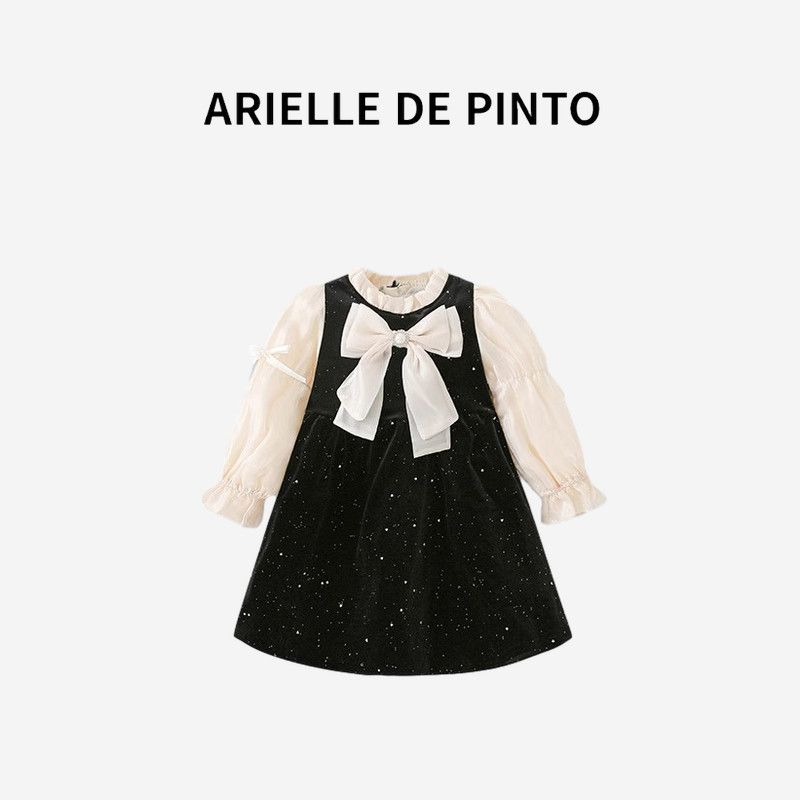 French Arielle De Pinto Girls  Velvet Dress with Velvet Lining, Autumn Bow-Knot Kidsren s Princess Dress Black 150cm