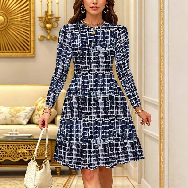 Women's Bohemian Casual Midi Dress Print Round Neck Long Sleeve A Line Loose Swing Dresses