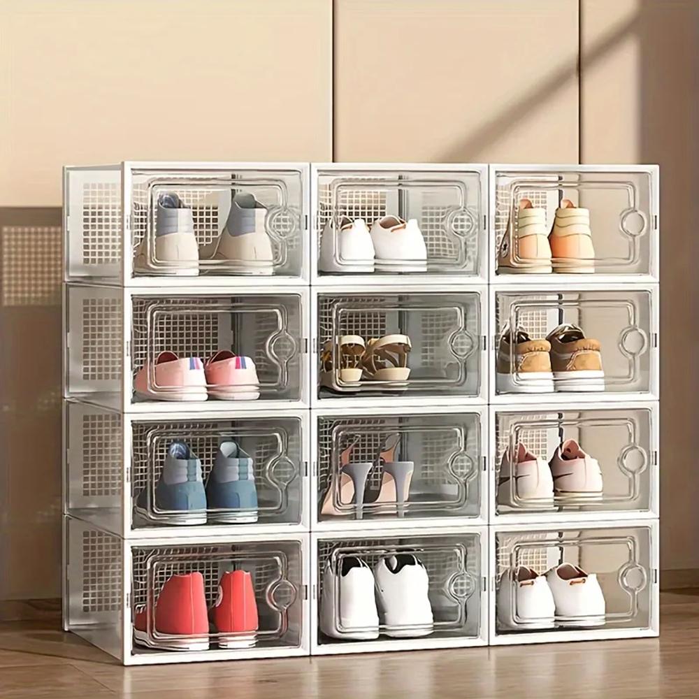6 Stück modulare platzsparende Schuhbox mit großer Kapazität, transparenter stapelbarer Kunststoff mit Deckel, Sneaker-Displaybox, B