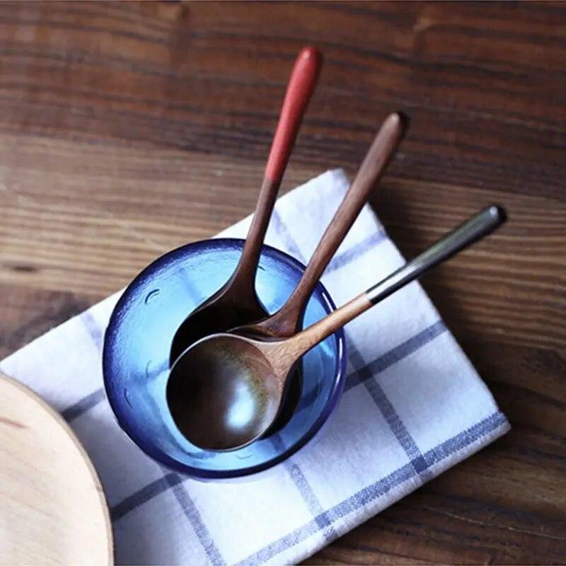 Japanese Style Spoon Solid Wood Tableware Log Wooden Spoon Portable Round Lipstick Handle Small Spoon