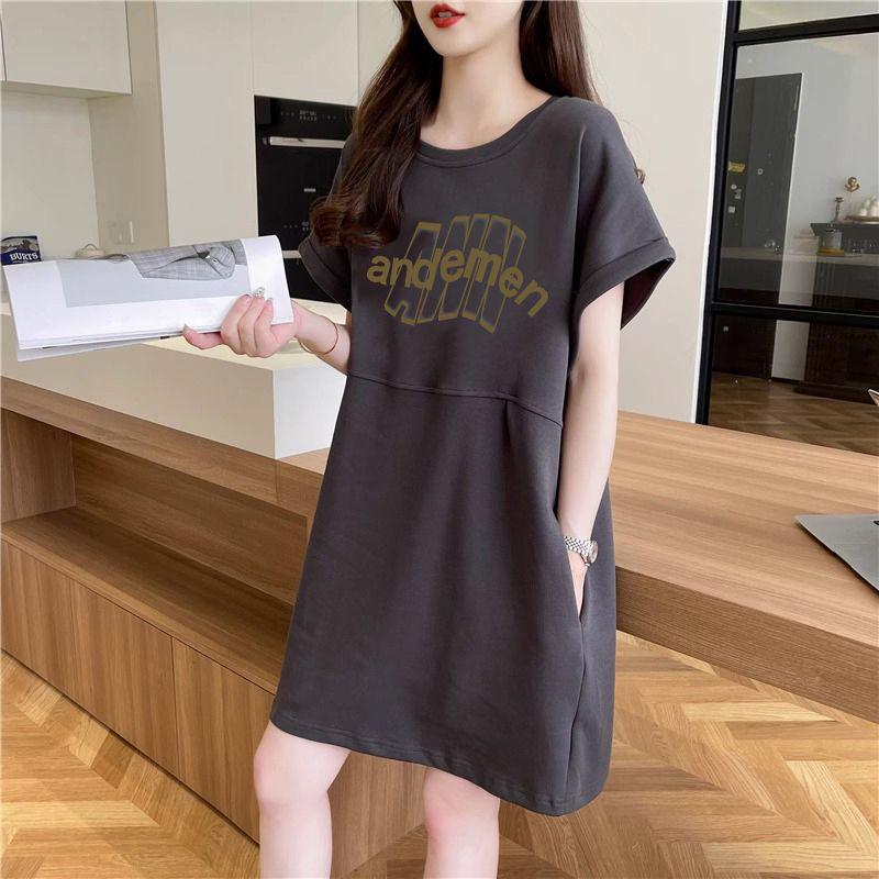 

Женское платье-футболка большого размера с короткими рукавами, свободного кроя, с круглым вырезом и карманами - Коллекция 2024 3XL темно-серого