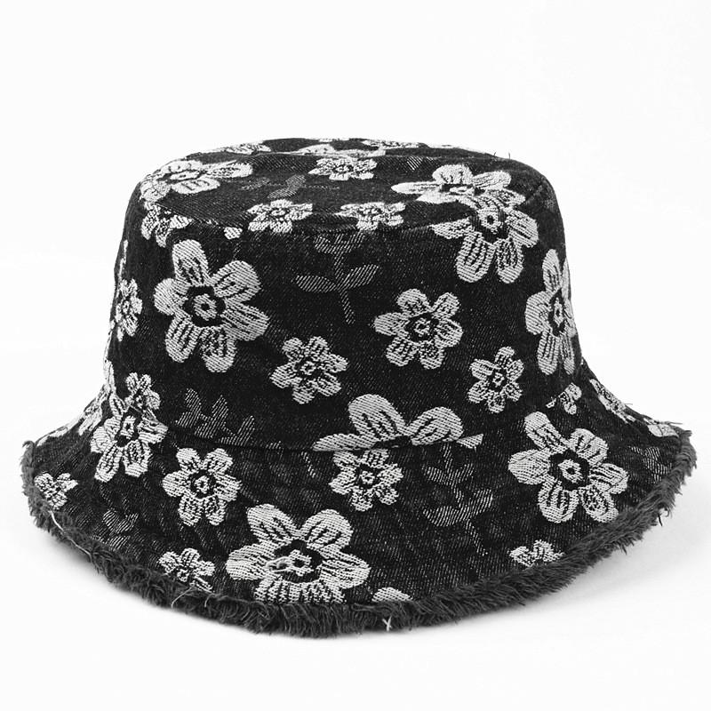 

Waterwashed Vintage Style Denim Fisherman Hat With Embroidered Flowers For Women чёрный