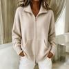 Women's Stand Collar Double Zip Knit Cardigan with Pockets Color Long Sleeve Sweater Jacket for Fall Winter