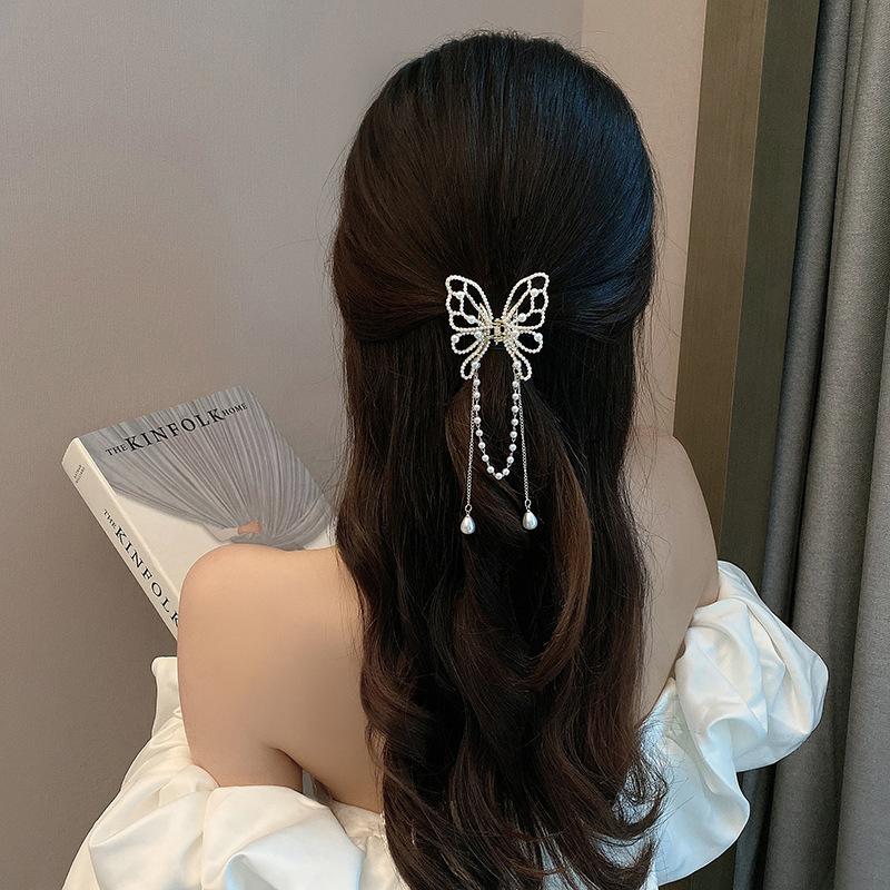 Metal Butterfly Hair Clip Pin Tassel Pendant Pair Accessories Women Simple Hair Claw Clip Butterfly Pearl Tassel Hair Clip