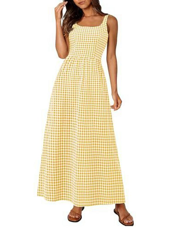 European & American Style Square Neck Plaid Shirred Dress - Fashionable Strappy Casual Women's Dress