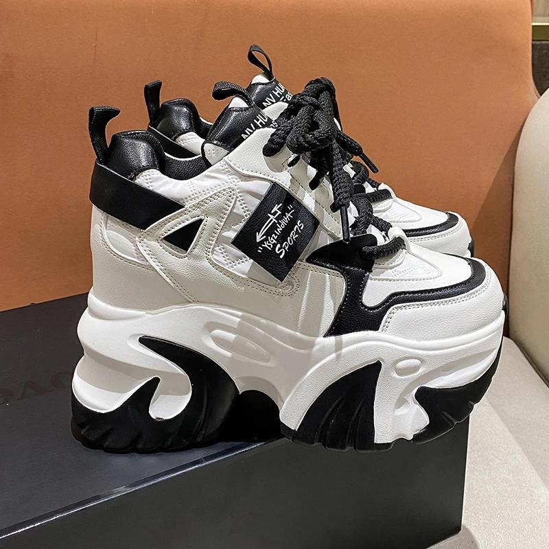 Fashion Women Walking Sneakers 2025 Spring Lace-up High Platform Chunky Shoes Breathable Leather Shoes 10CM Wedge Heels Casual Shoes