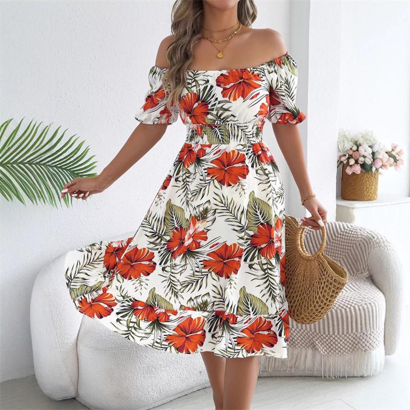 Off-the-shoulder Floral Print Vacation Beach Dress Women Ruffled Spring Summer Short-sleeved
