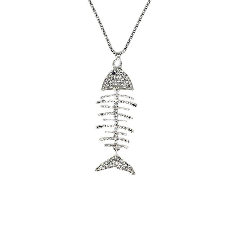 Silver Fish and Bone Necklace with Diamonds, Versatile and Simple Long Coat Chain for Men