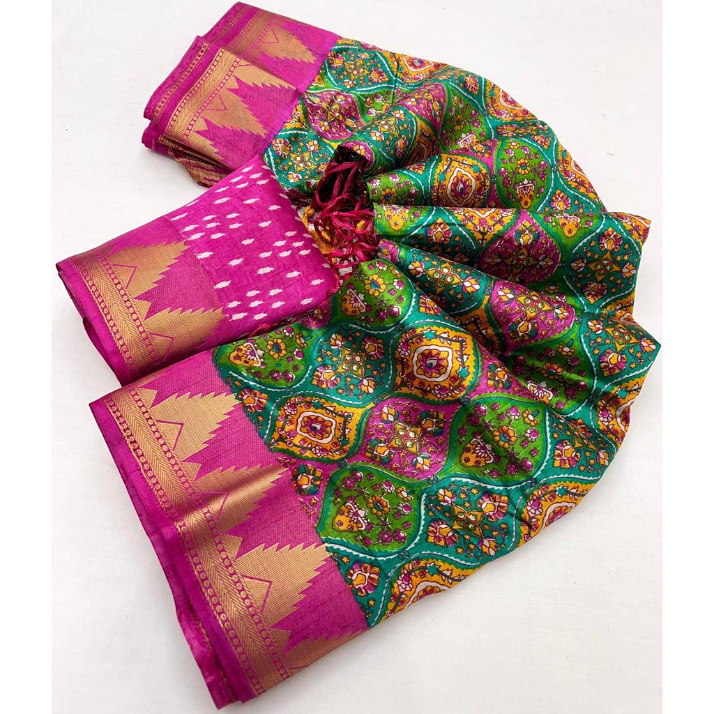 Tussar Silk Lagdi Patta With Kalkota Hand Printing Patola Print In Full Saree With Fancy Tassels In Pallu With Running Blouse