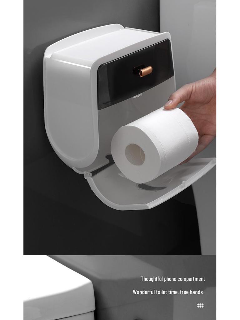 Punch-Free Wall-Mounted Waterproof Tissue and Toilet Paper Holder with Double-Layer Storage