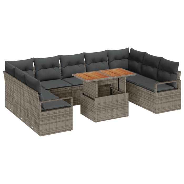 Ensemble de Canapé de Jardin 10 pièces avec Coussins Gris Poly Rattan Acacia, Canapé de Jardin 2 places avec Coussins Gris 3349754