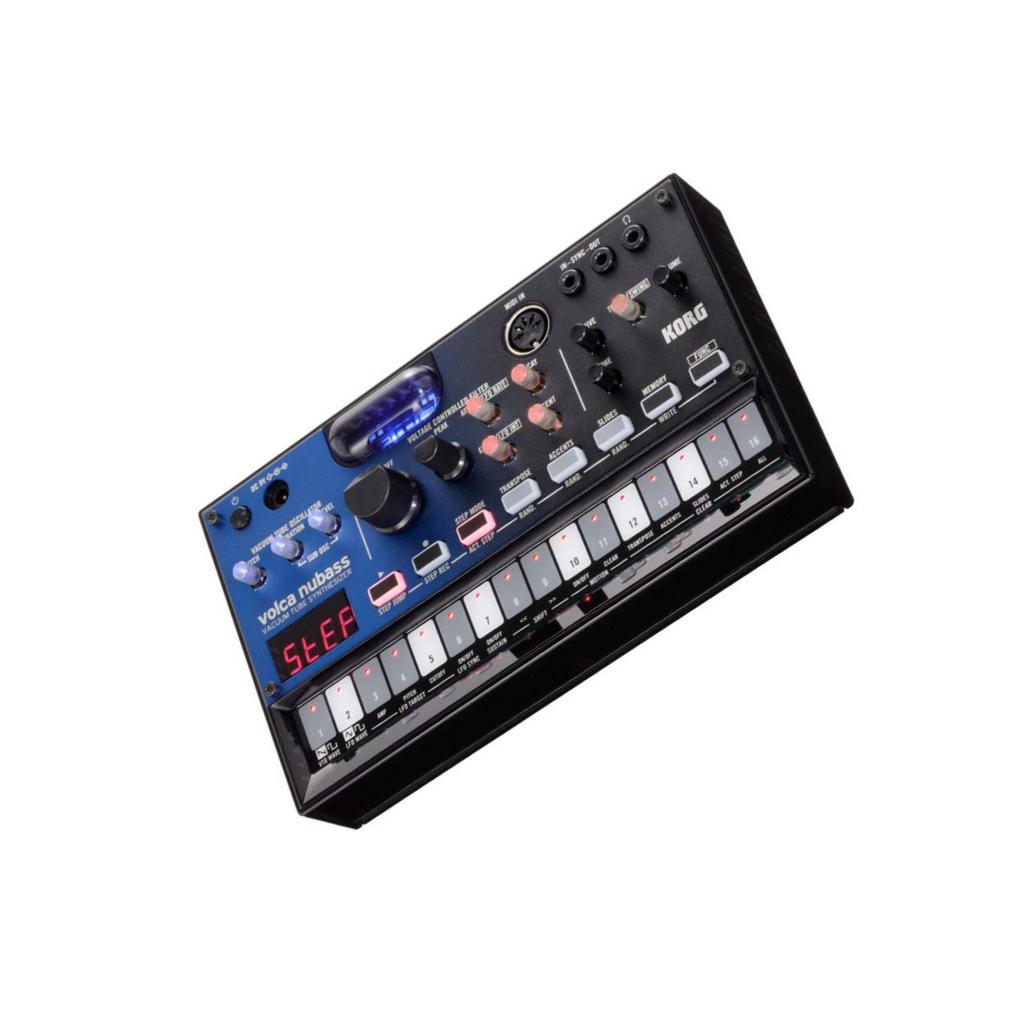 KORG volca nubass synthesizer bass machine with Nutube vacuum tube circuitry, a 16-step sequencer, built-in speaker, and headphone compatibility.
