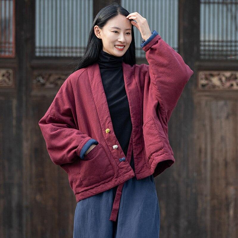 

Жіночий лляний теплий короткий бавовняний одяг Johnature Vintage, V-подібний виріз, довгий рукав, вільні однотонні осінньо-зимові пальта One Size вина червоного кольору