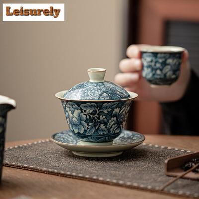 100ML Antike Ru-Ofen Gaiwan Ästhetische Blühende Blumen Drei Talente Teeschale Teekannen-Deckel Schale Chinesisches Teeservice Verzierungen