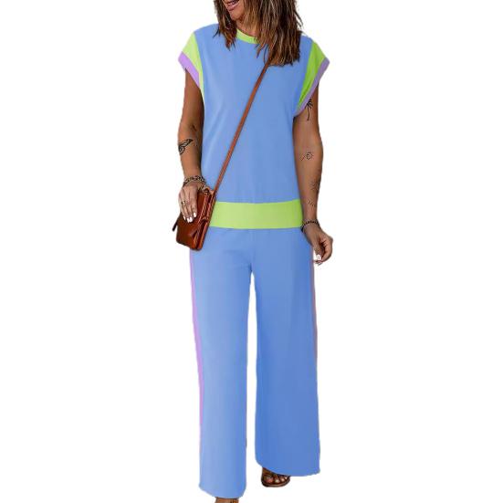 2 Pcs/Set Women Top Pants Set Thin Loose Sleeveless O Neck Round Neck T-shirt Wide Leg