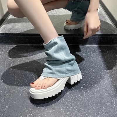 Plateauschuhe Mode Damenstiefel Sommer Dünn Denim Spitzschuh Kurze Stiefel Design Coole Stiefel Damen Denim Sandalen Damenschuhe