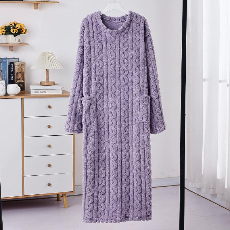 Moda Kış Kadın Gecelikler Jakarlı Elbise gece elbisesi Gevşek Düz Renk Kalınlaşmış Flanel Pijama Ev Giysileri