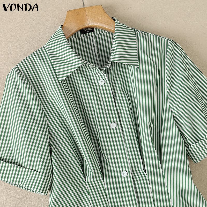 VONDA Robe Chemise Mini Rayée Décontractée à Manches Courtes et Col Revers d'Été pour Femme