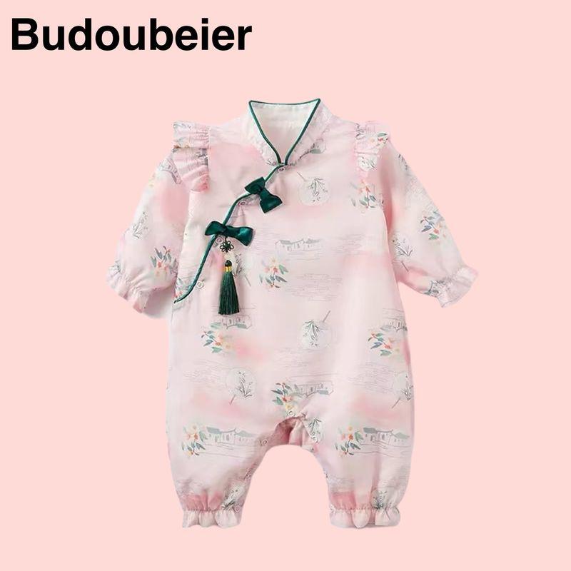 British Baby Spring and Autumn Clothing, Baby Girl Jumpsuit, New Chinese Style, Full Moon and Hundred Days Outdoor Jumpsuit Pink 59