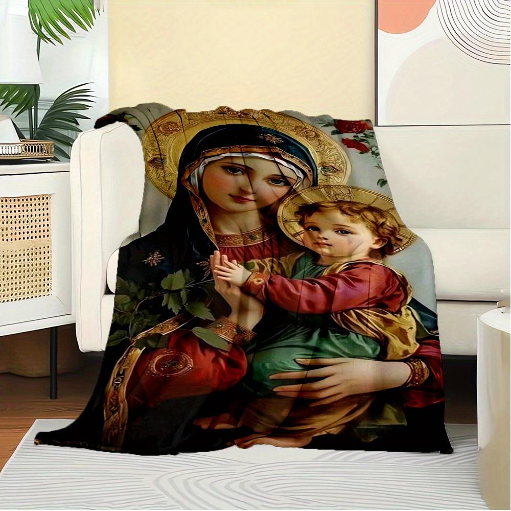 1pc Virgin Mary,Child Jesus,Religious Iconography Flannel Blanket - Lightweight Soft for All Seasons, Ideal for Couch, Office, Bed, Travel,